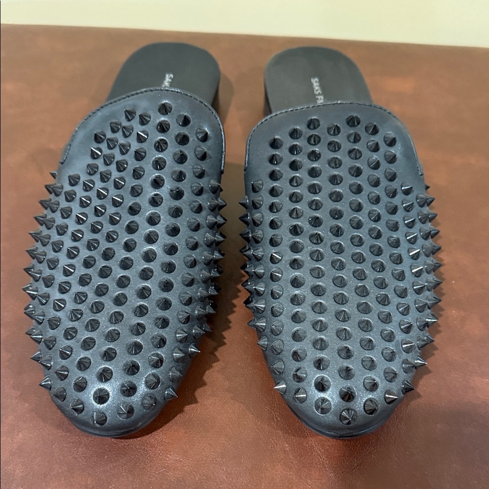 Saks Fifth Avenue Black Studded Slip-On Mules